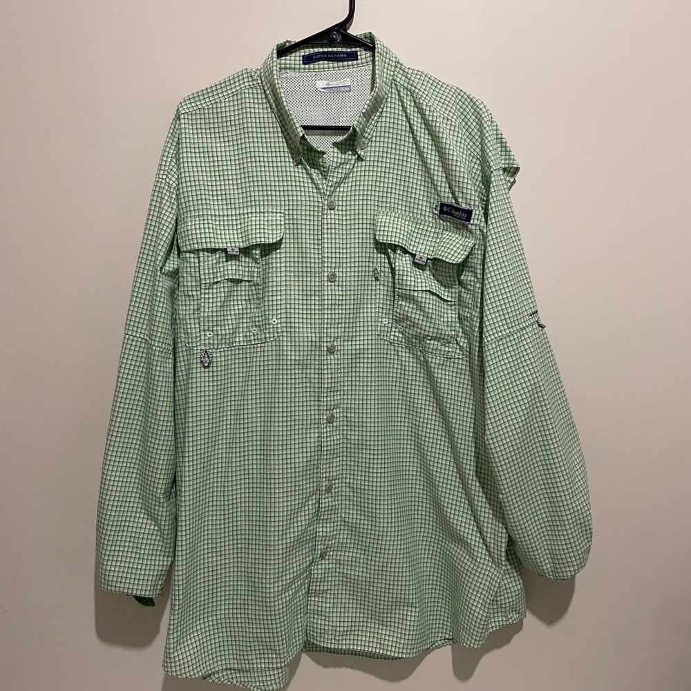 Columbia PFG Super Bahama Fishing Shirt Mens XL Green Plaid Long Sleeve Vent